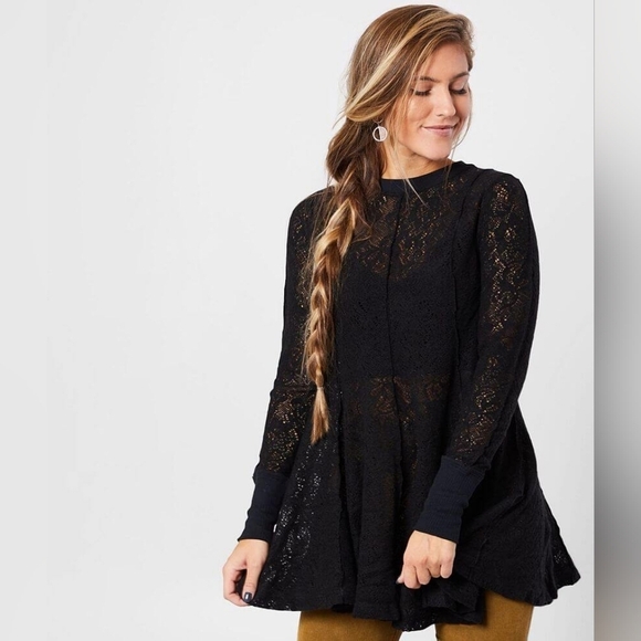Free People Coffee In The Morning Lace Tunic Top Mini Dress Black Fit-n-Flare XS - Picture 2 of 9